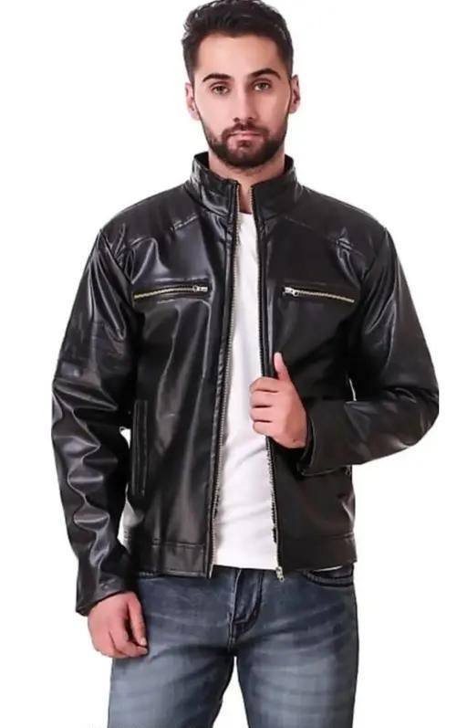 Men's Solid Rexine Leather Black Jacket