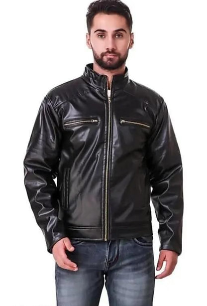 Men's Solid Rexine Leather Black Jacket