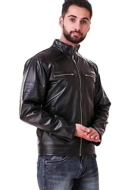 Men's Solid Rexine Leather Black Jacket